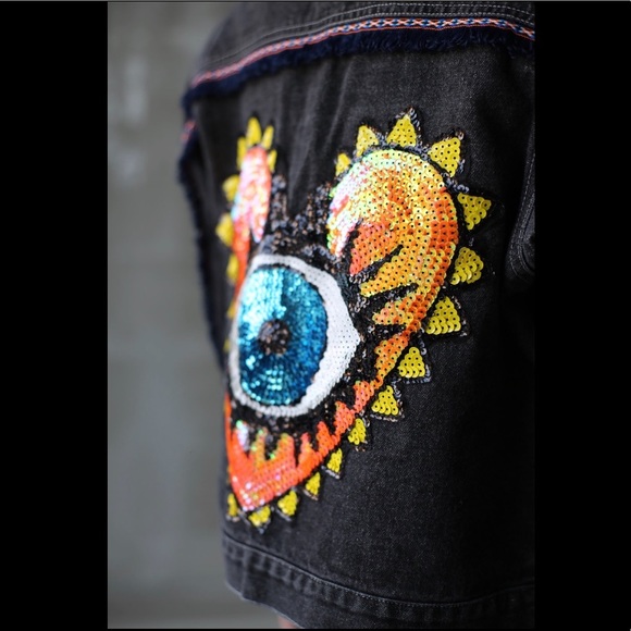 Boho Evil Eye Tribal Denim Handmade Jacket - Picture 4 of 8